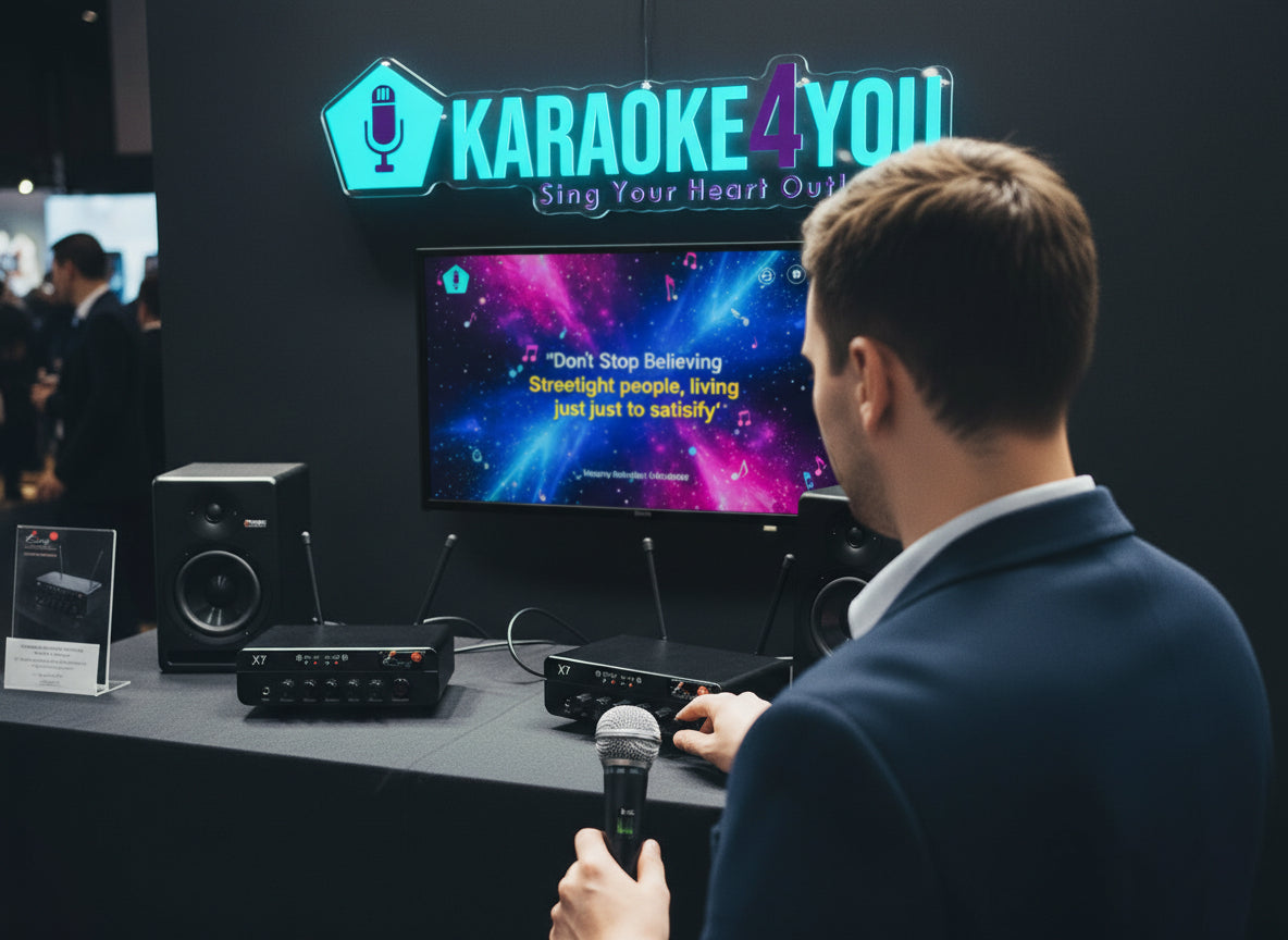 Karaoke4you store stand showcasing professional karaoke machines at music trade show